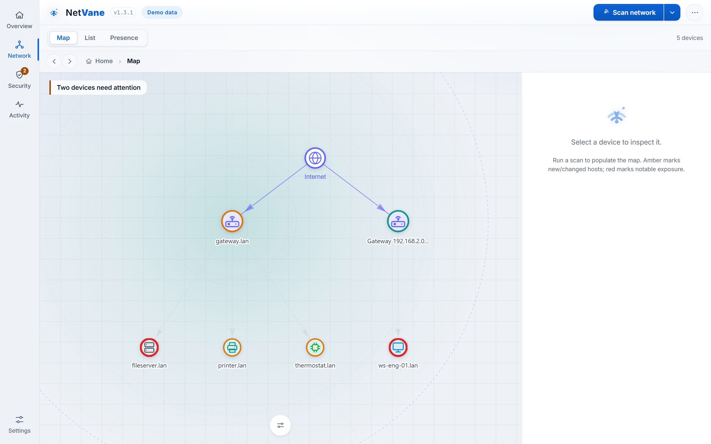 NetVane's live topology map: internet, gateway and every device as connected nodes with type icons and status rings.