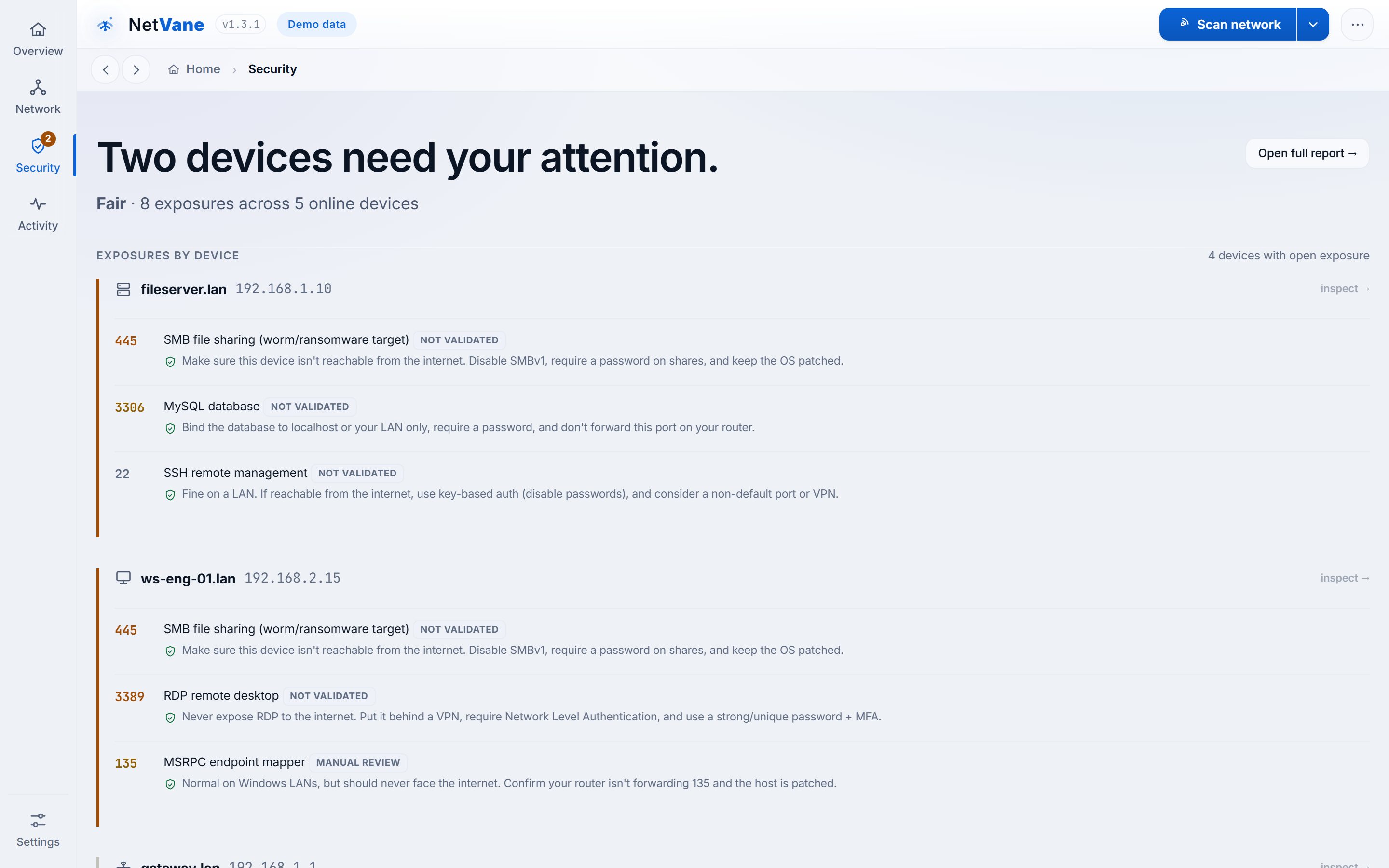 NetVane Security view: exposures grouped by device, each with a plain-English fix.